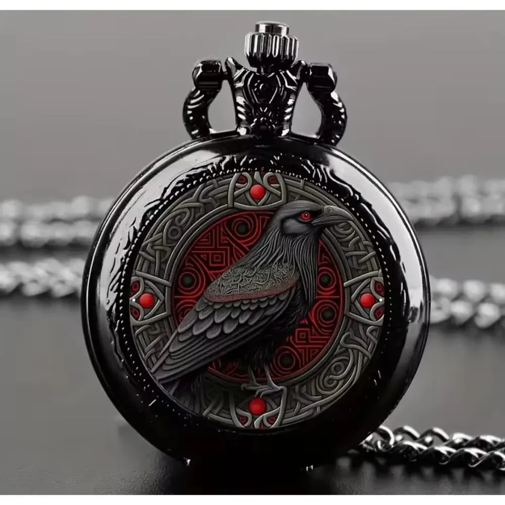 Gothic Raven Crown Pocket Watch Necklace Red Black Vintage Pendant Chain